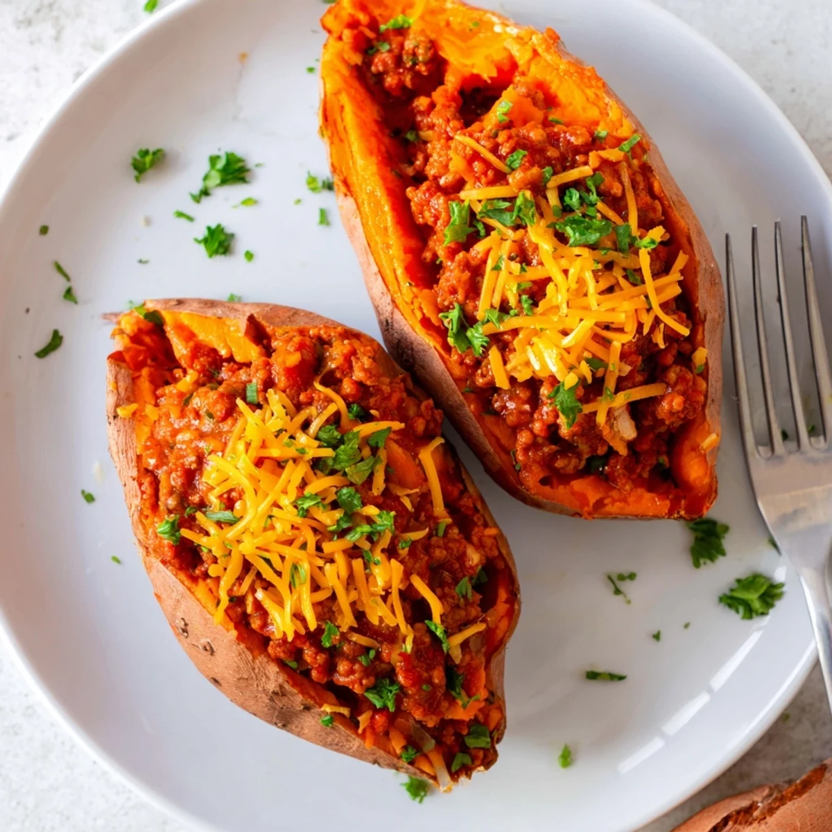 Smoky Sloppy Joe sweet potatoes split open and loaded with seasoned ground beef
