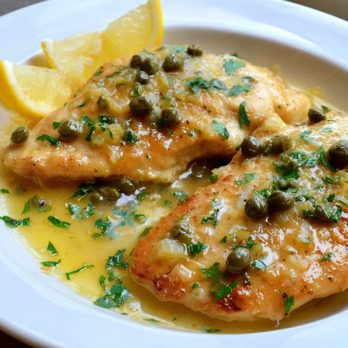 Crock Pot Lemony Chicken Piccata topped with fresh parsley and bright lemon slices on a white plate
