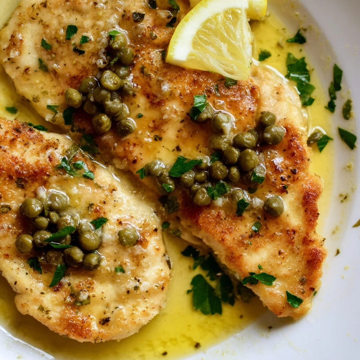 Tender slow-cooked chicken breasts in a glossy lemon caper sauce served over a bed of rice