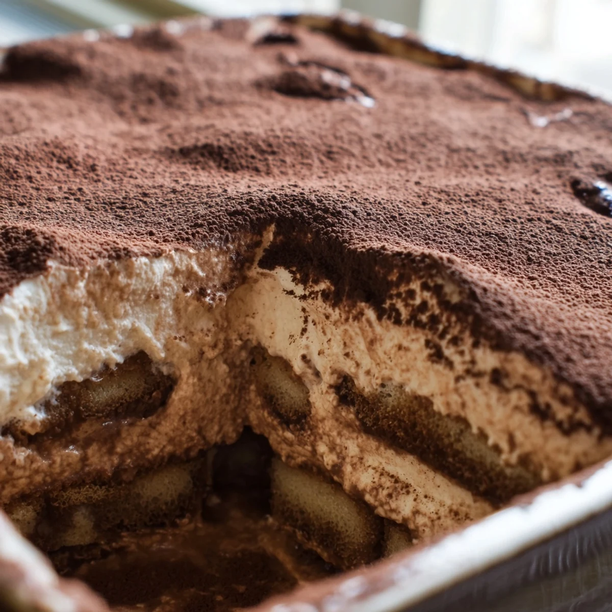 Creamy chocolate mousse tiramisu layered with coffee-soaked ladyfingers and topped with cocoa dusting