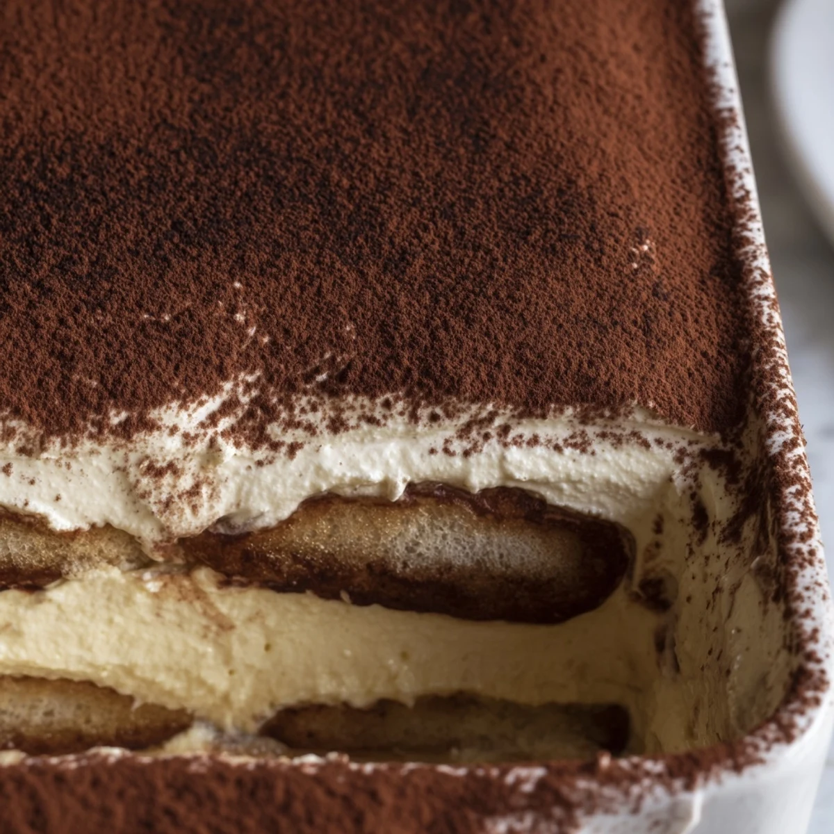 Rich chocolate mousse tiramisu sliced to reveal velvety layers of mascarpone and espresso-soaked ladyfingers
