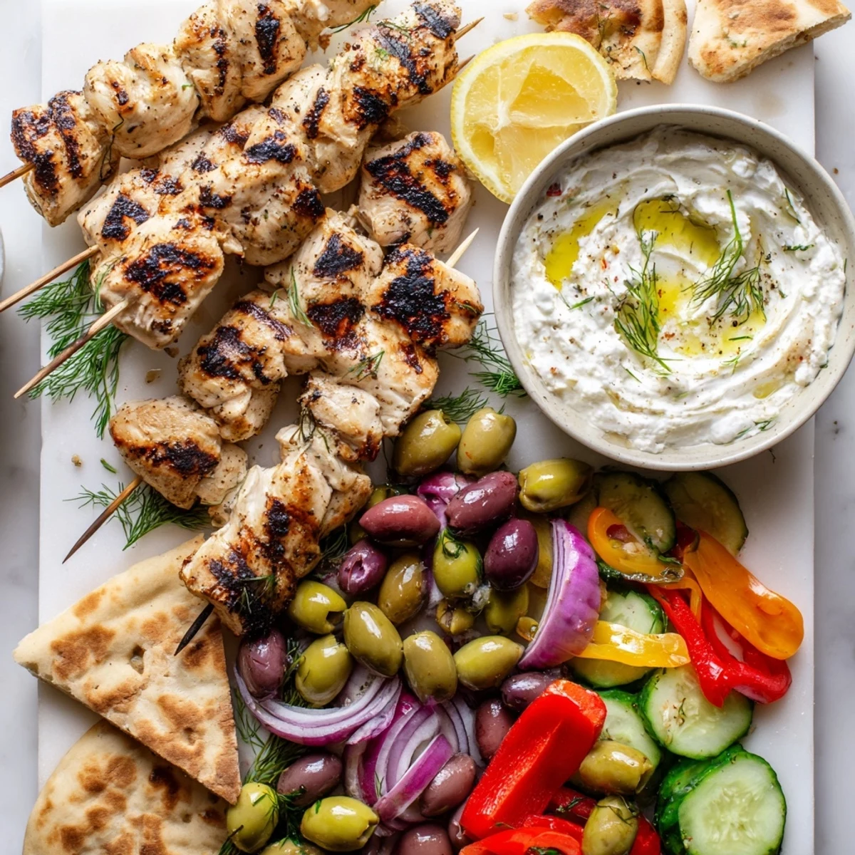 Golden grilled Greek chicken souvlaki skewers nestled among fresh veggies and creamy garlic feta dip on a rustic wooden board