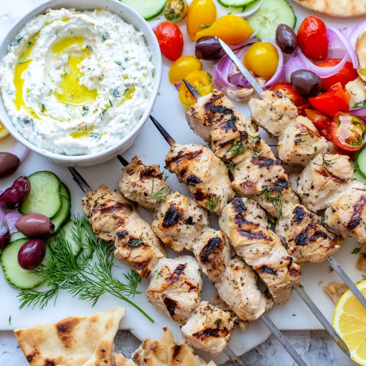 Juicy charred Greek chicken souvlaki served alongside whipped garlic feta, olives, and warm pita on a colorful Mediterranean platter