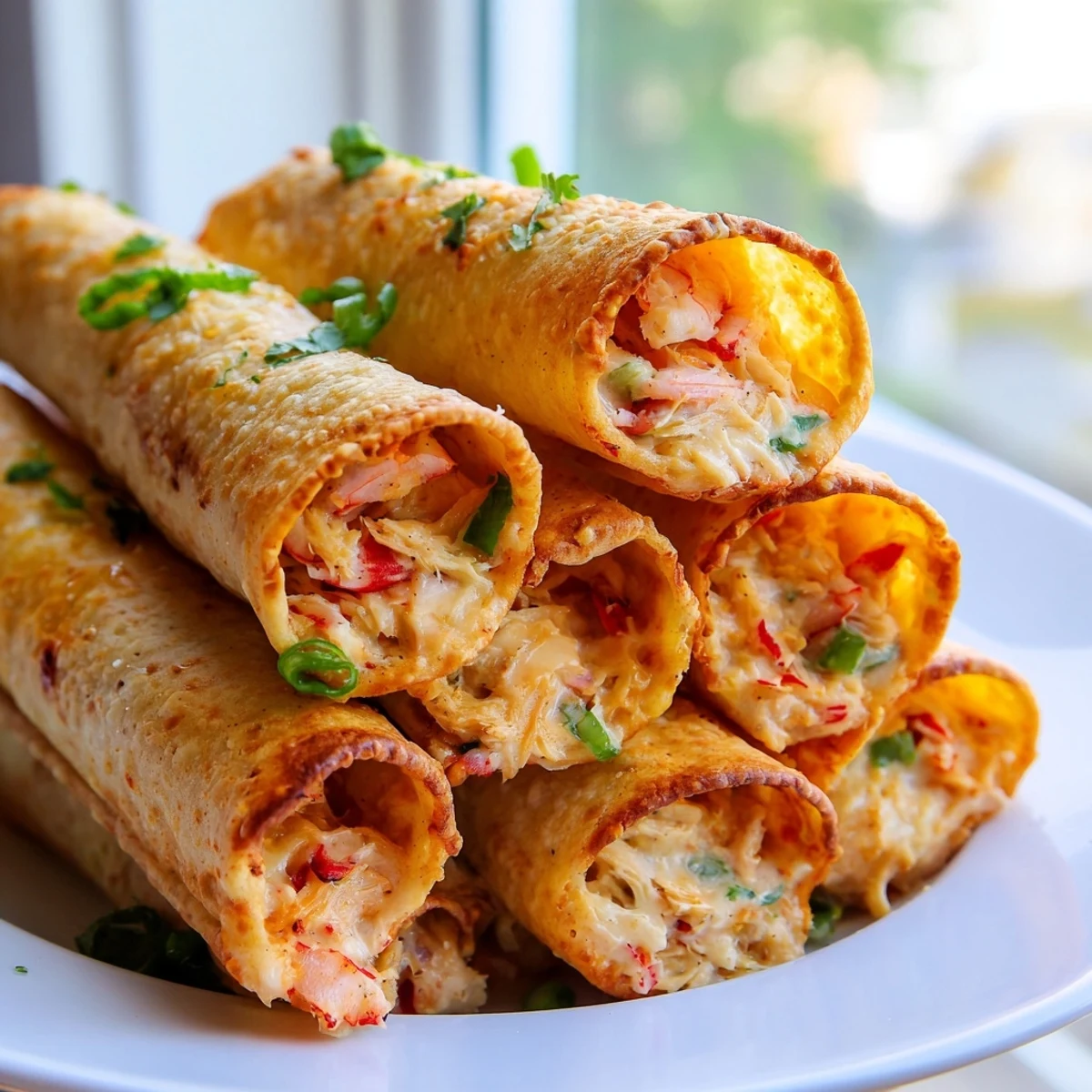 Golden crispy crab and shrimp queso taquitos arranged on a rustic wooden serving board
