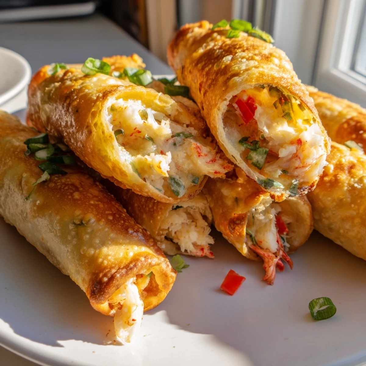 Close-up of crunchy crab and shrimp queso taquitos oozing with melted Monterey Jack cheese