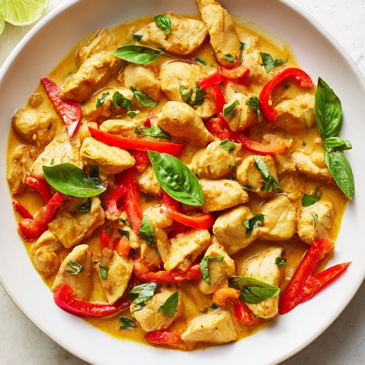 Golden basil chicken in creamy coconut curry sauce served over steamed jasmine rice