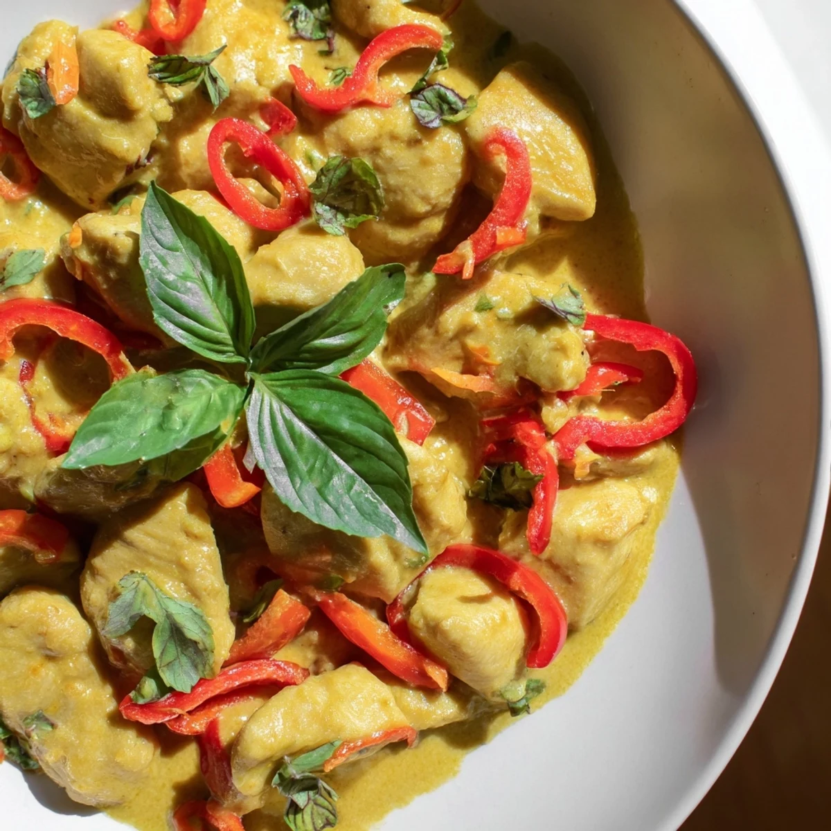 Tender basil chicken simmered in rich coconut curry sauce with fresh basil leaves
