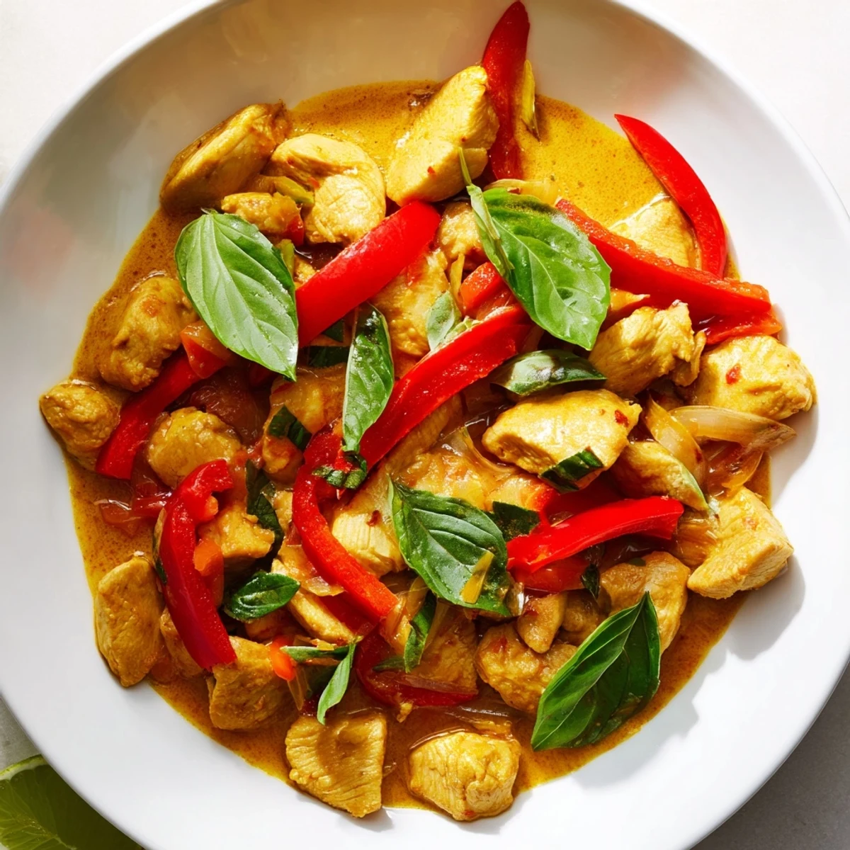 Spicy basil chicken with coconut curry sauce topped with vibrant red bell peppers