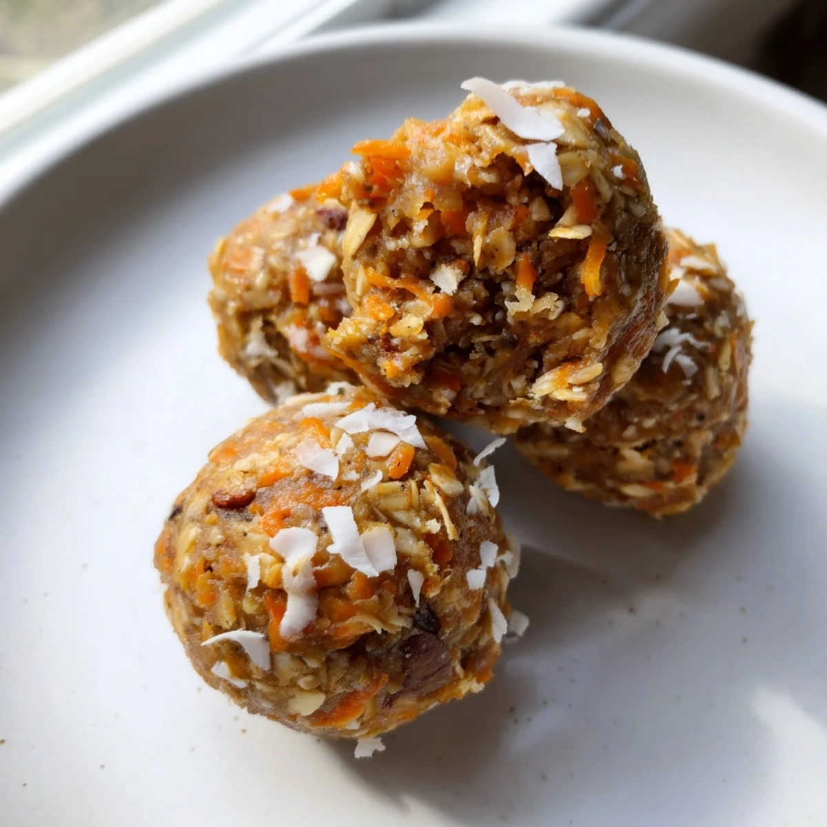Chewy carrot cake energy balls rolled in coconut on a rustic wooden board