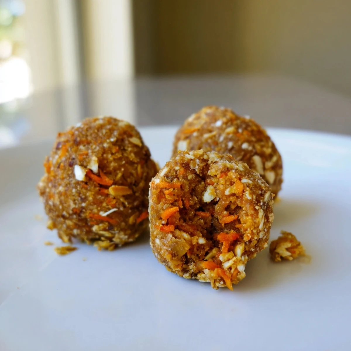 A plate of no-bake carrot cake energy balls dusted with fragrant cinnamon