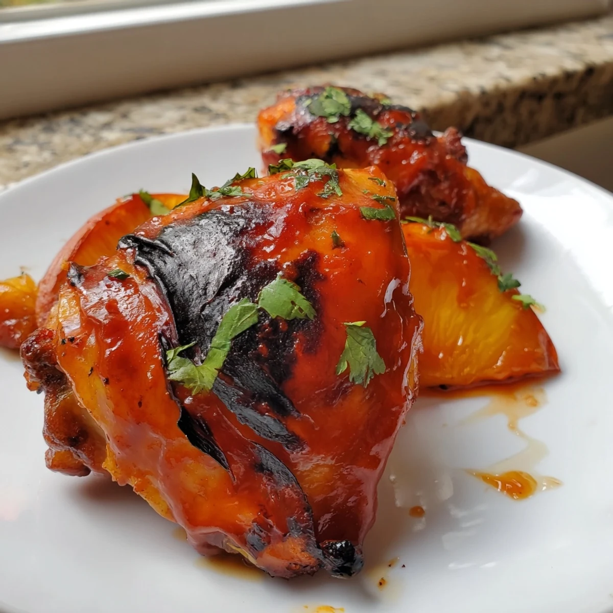 Golden caramelized peach BBQ chicken bake with glossy charred skin and fresh herbs