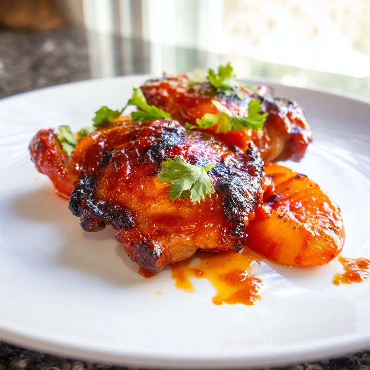 Juicy peach BBQ chicken bake topped with warm peach slices on a white platter