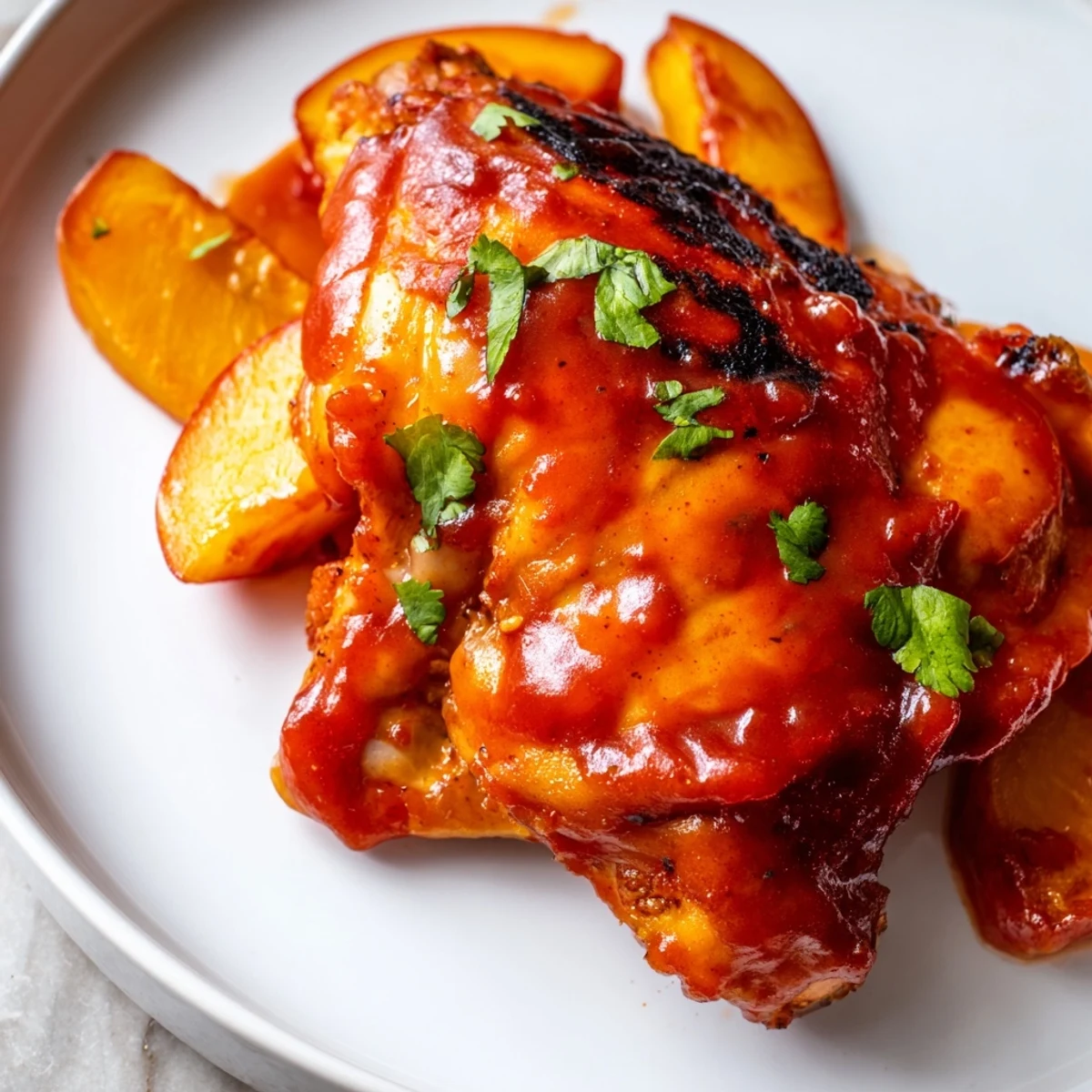 Tender roasted peach BBQ chicken bake bubbling in a sticky sweet smoky sauce