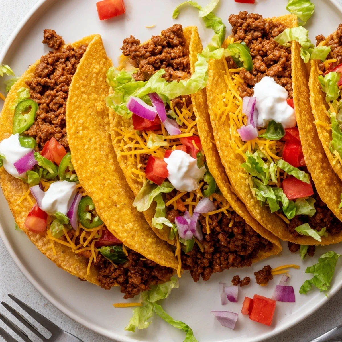 Crispy beef tacos folded in crunchy fried shells topped with colorful salsa and cilantro