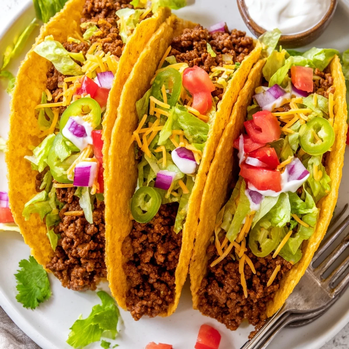 Crispy beef tacos arranged on a platter with lime wedges and sour cream