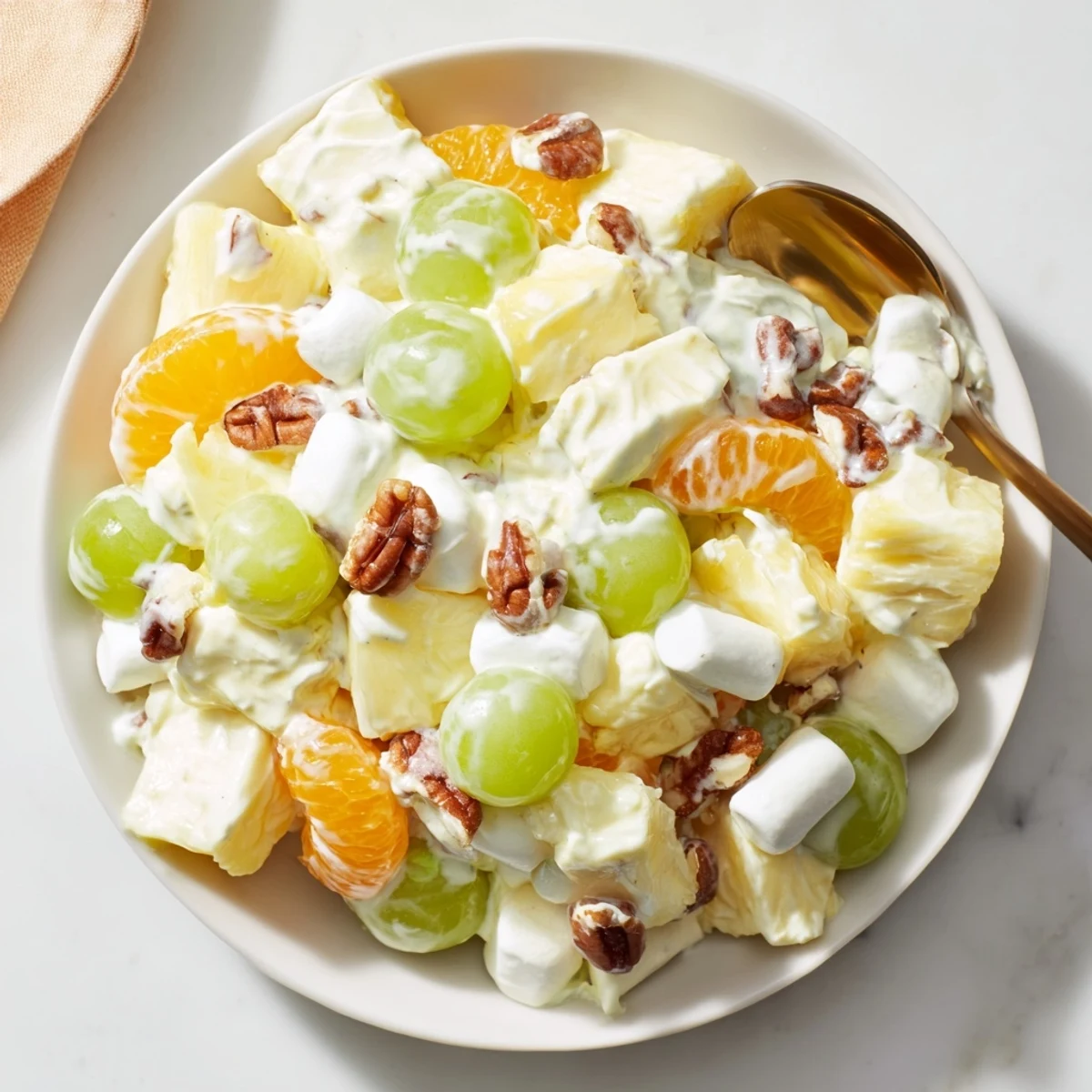 A close-up of creamy pineapple salad topped with halved grapes and fluffy marshmallows