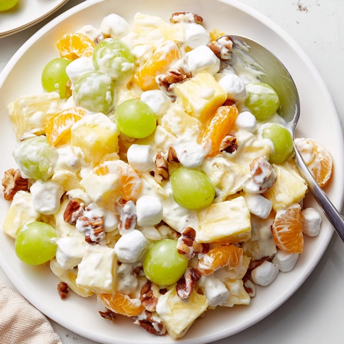 Creamy pineapple salad glistening in a glass bowl with juicy fruit chunks and pecans