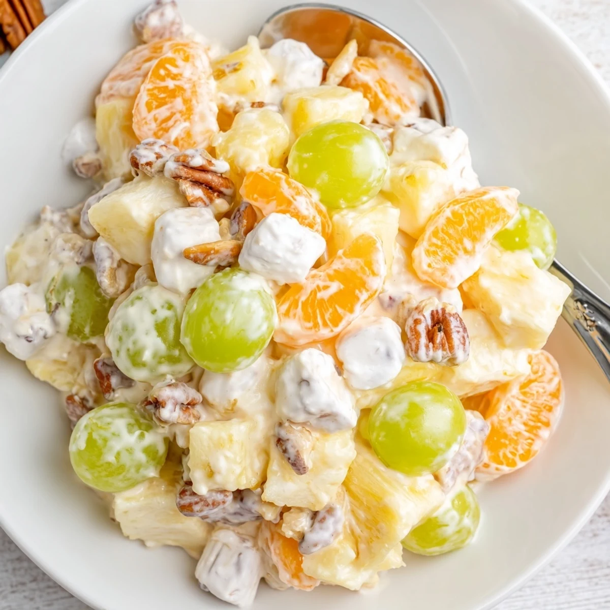 Spoonful of creamy pineapple salad served chilled on a leafy green plate at a potluck