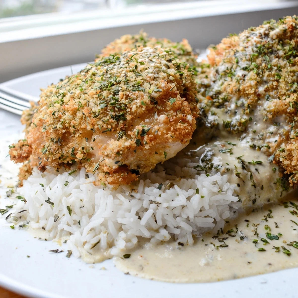 Golden herb crusted chicken thighs nestled in creamy garlic sauce over steamed white rice