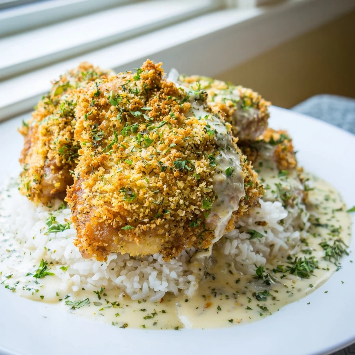 Crispy herb-crusted chicken thighs drizzled with rich garlic Parmesan sauce on a bed of fluffy rice