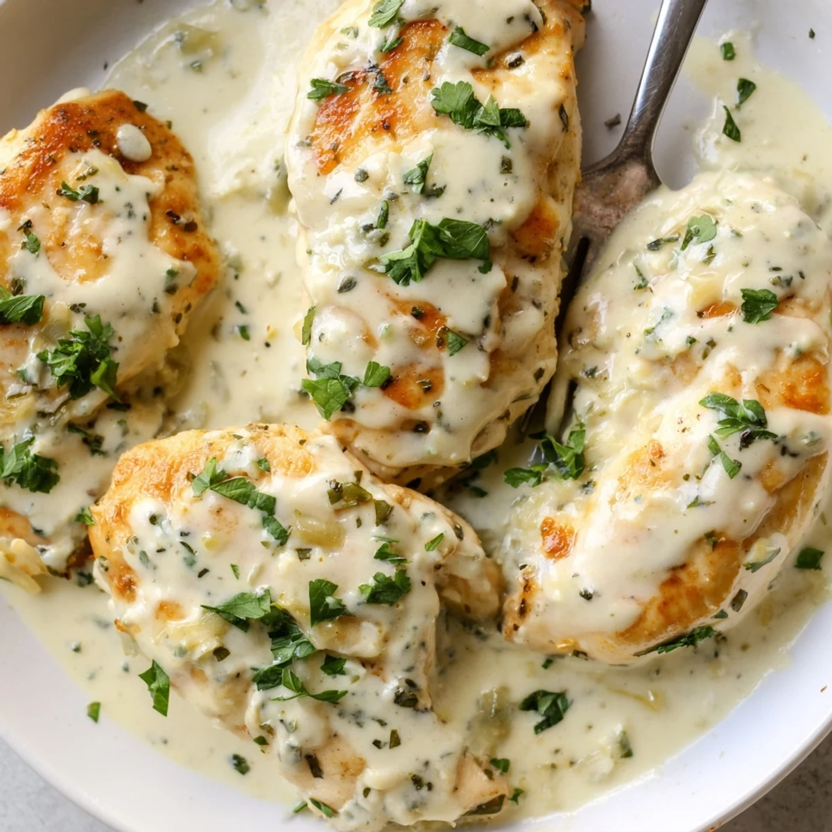 Cream cheese chicken with golden seared breasts smothered in velvety Parmesan sauce