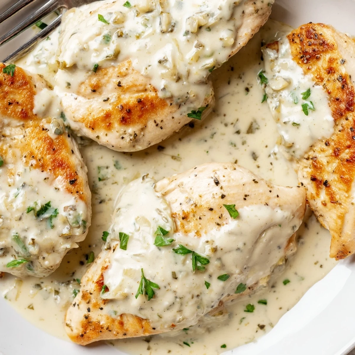 Cream cheese chicken topped with fresh parsley served over a bed of rice