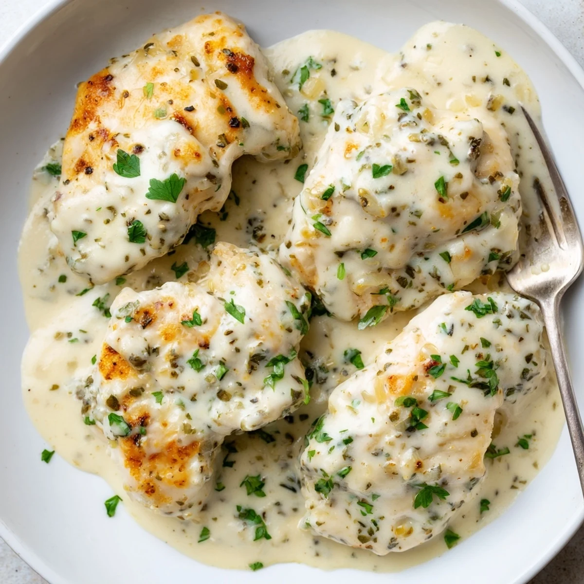 Tender cream cheese chicken bubbling in a rich, tangy skillet sauce with herbs