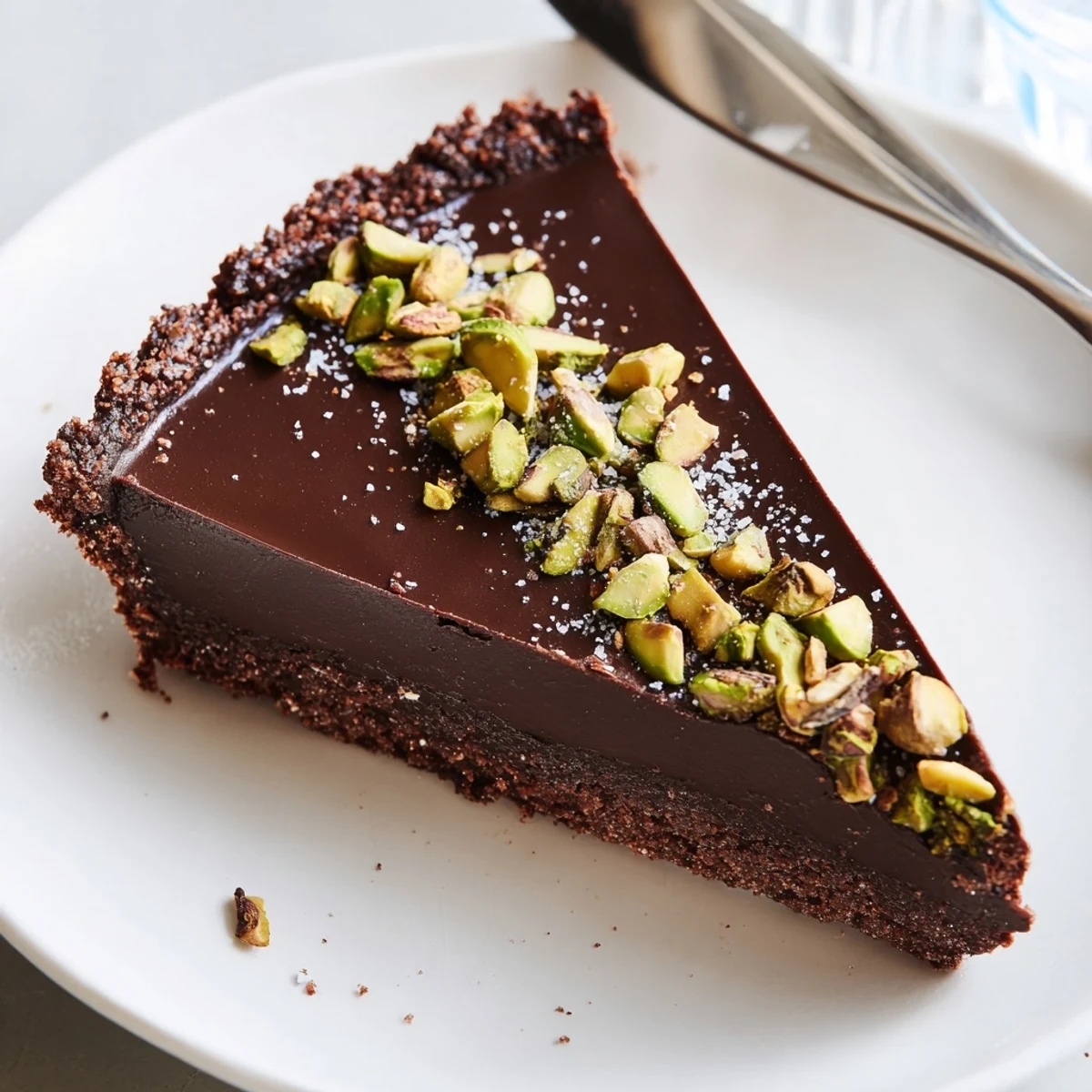 Decadent Dark Chocolate Pistachio Tart with a crisp cocoa crust drizzled in warm ganache