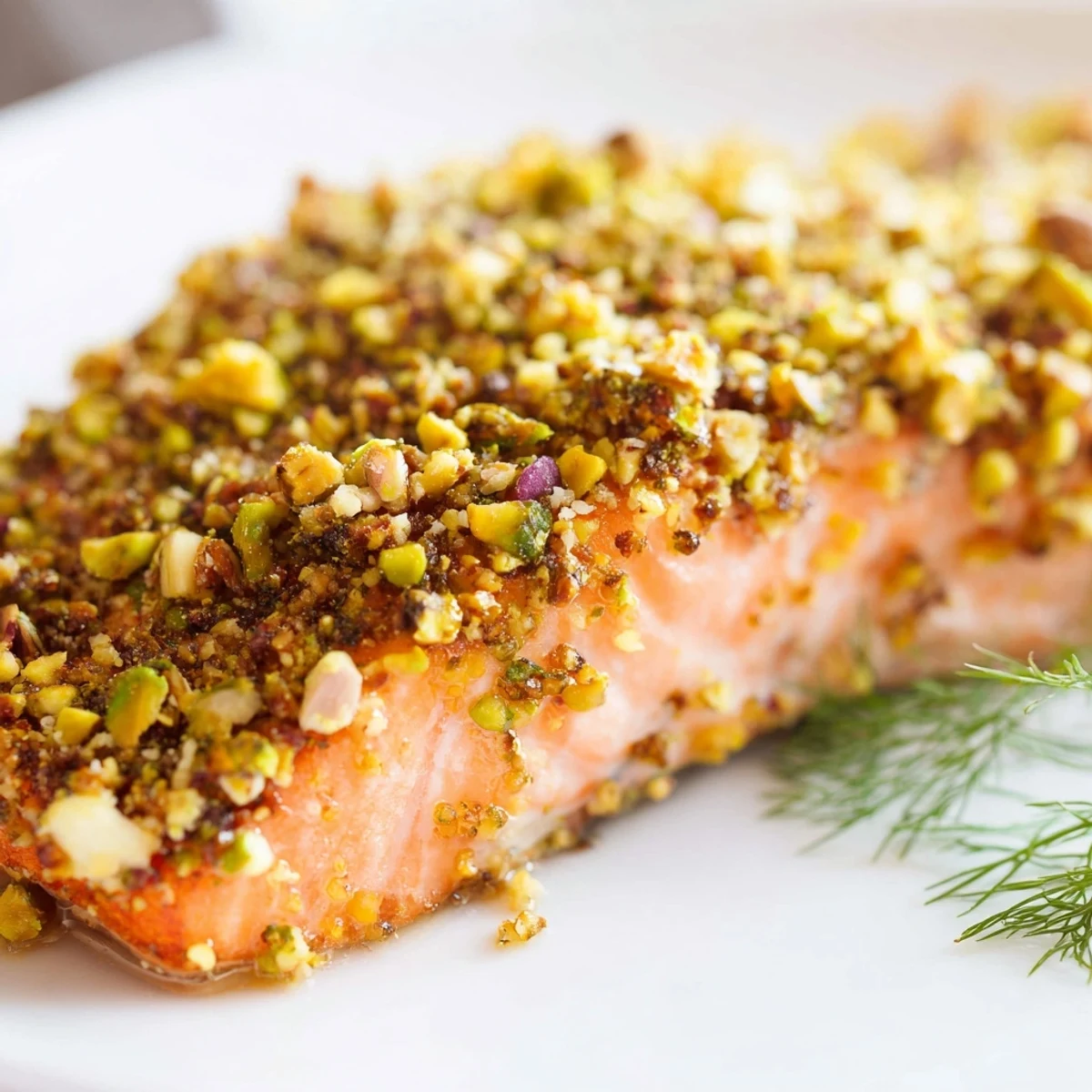 Tender baked maple pistachio salmon fillet topped with herbs and chopped nuts