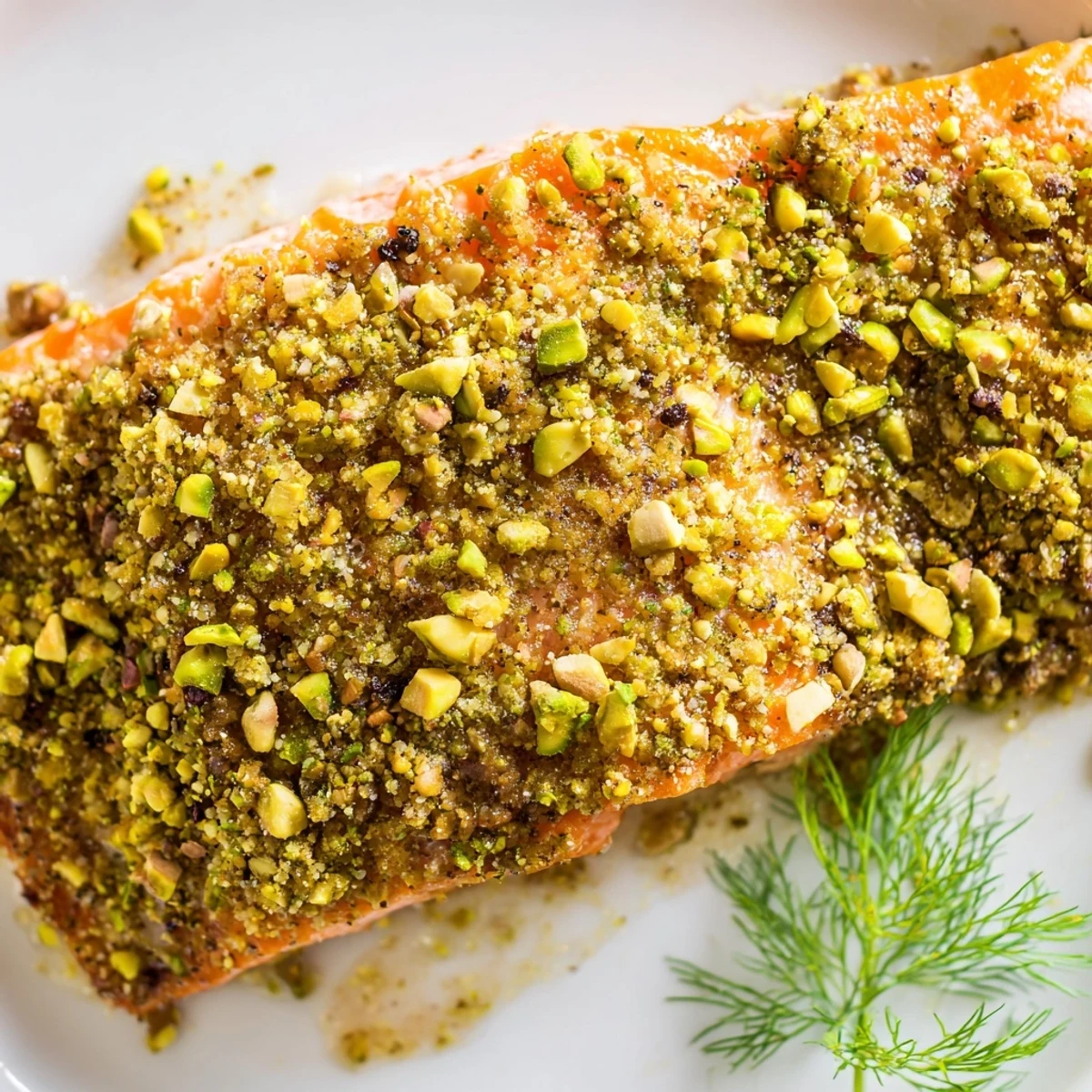 Crispy pistachio-crusted maple salmon served on a plate with lemon wedges