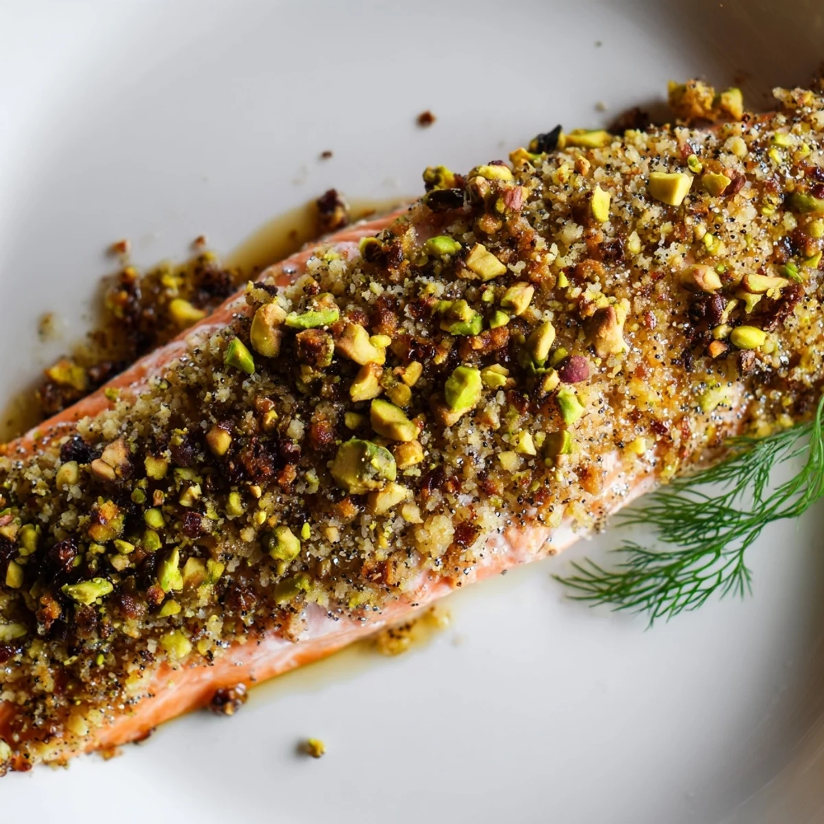 Glistening maple pistachio salmon fresh from the oven with golden nutty crust