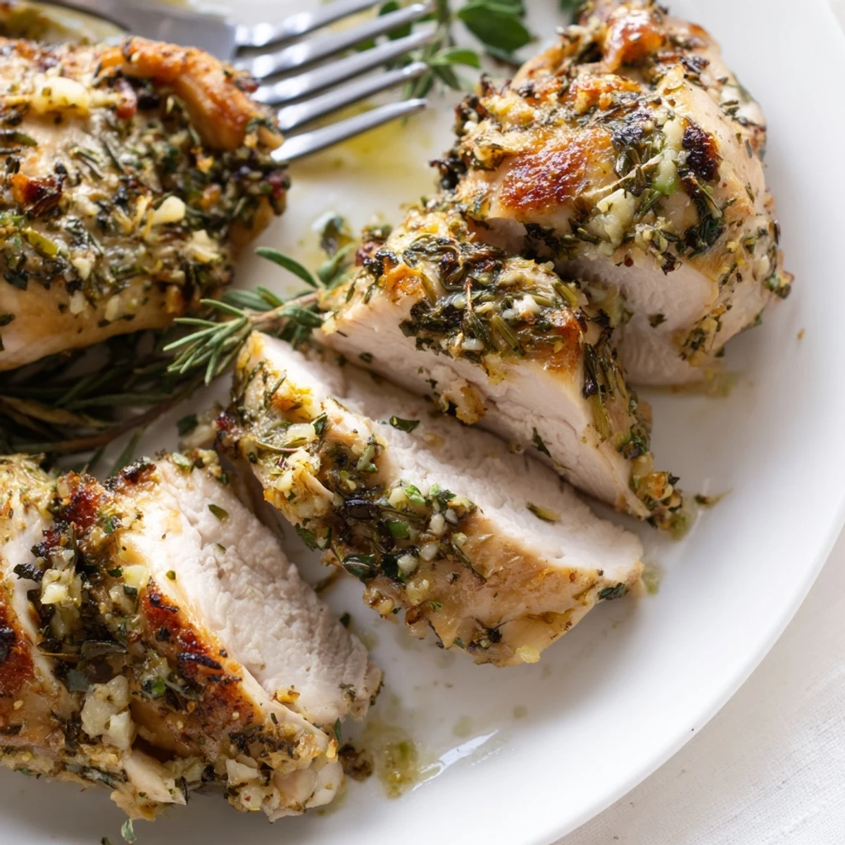 Golden savory garlic herb chicken plated with fresh parsley and lemon wedges