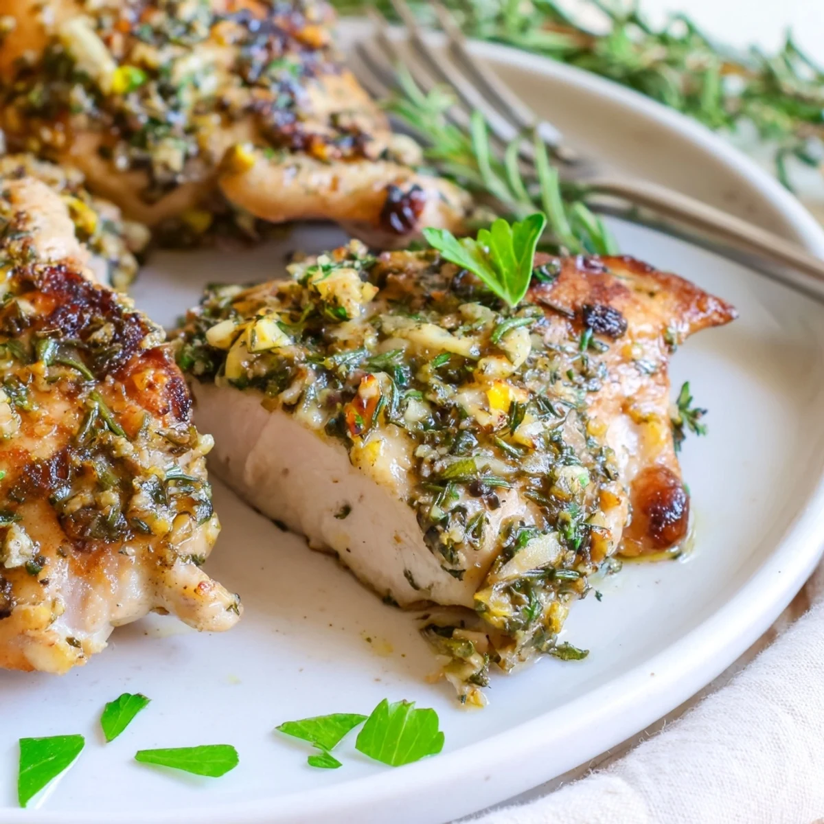 Juicy savory garlic herb chicken glistening with olive oil and fragrant herbs