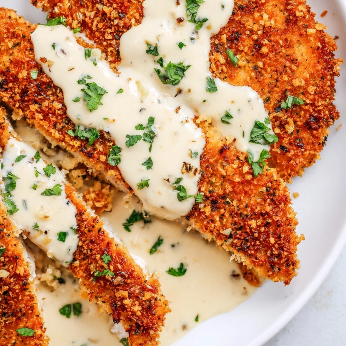 Golden crispy Parmesan chicken drizzled with rich, creamy garlic sauce on a white plate