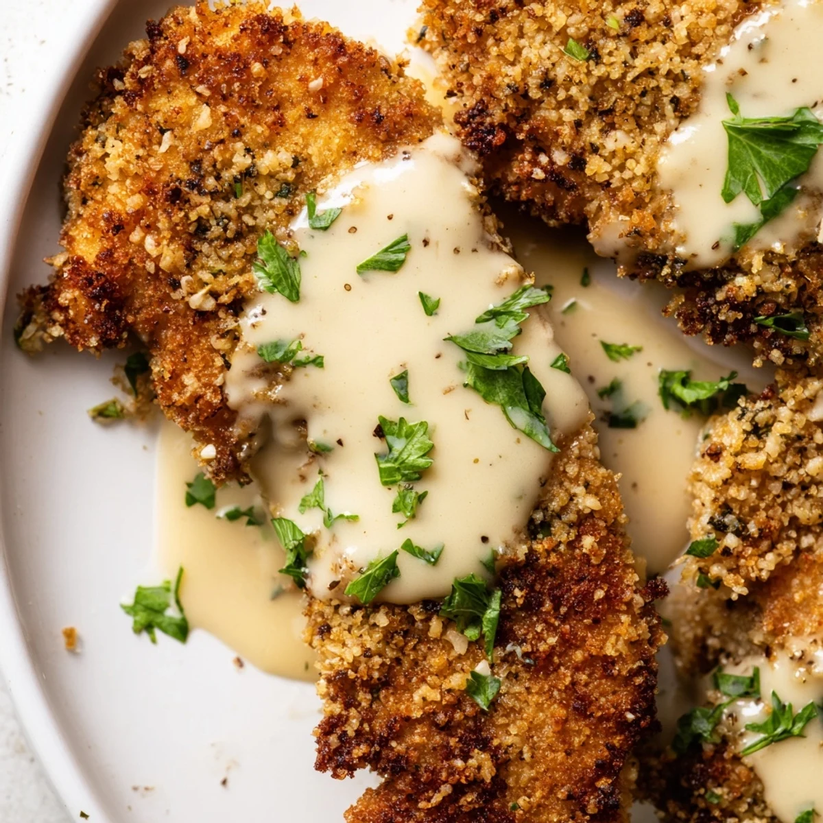 Crispy Parmesan chicken with creamy garlic sauce served over buttered noodles and fresh parsley