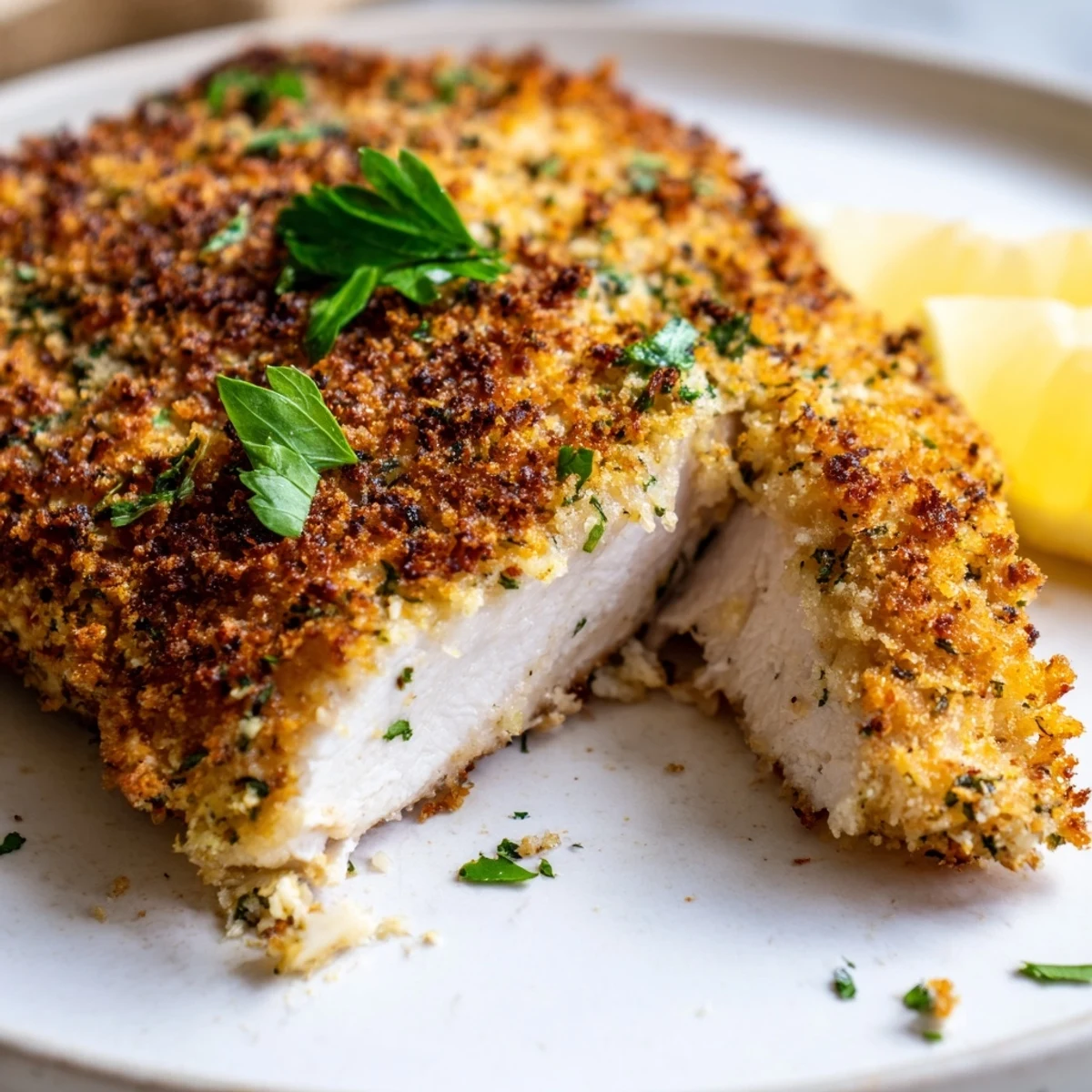 Juicy herbed Parmesan chicken sliced open to reveal tender seasoned meat inside