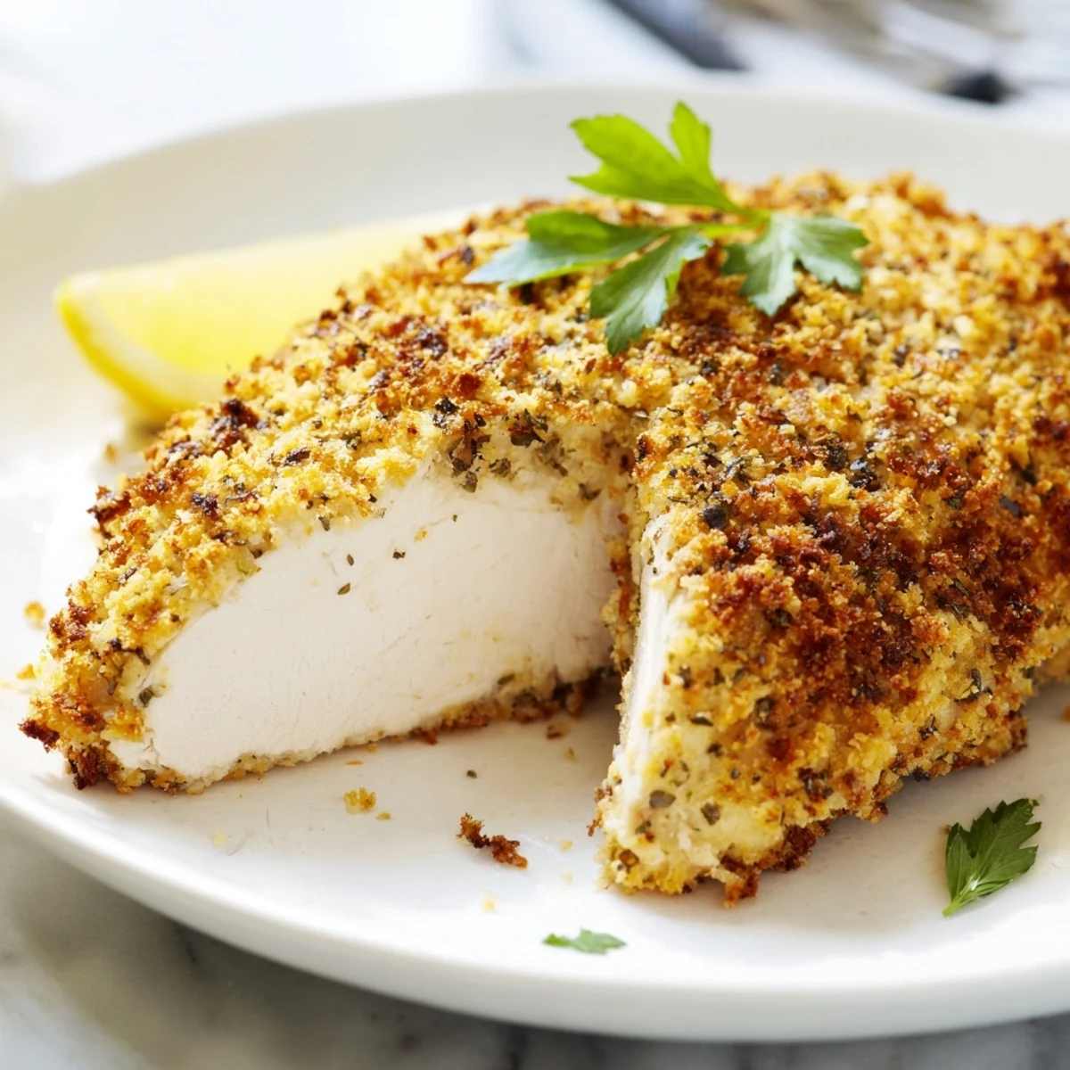 Golden crispy herbed Parmesan chicken served hot on a rustic white dinner plate