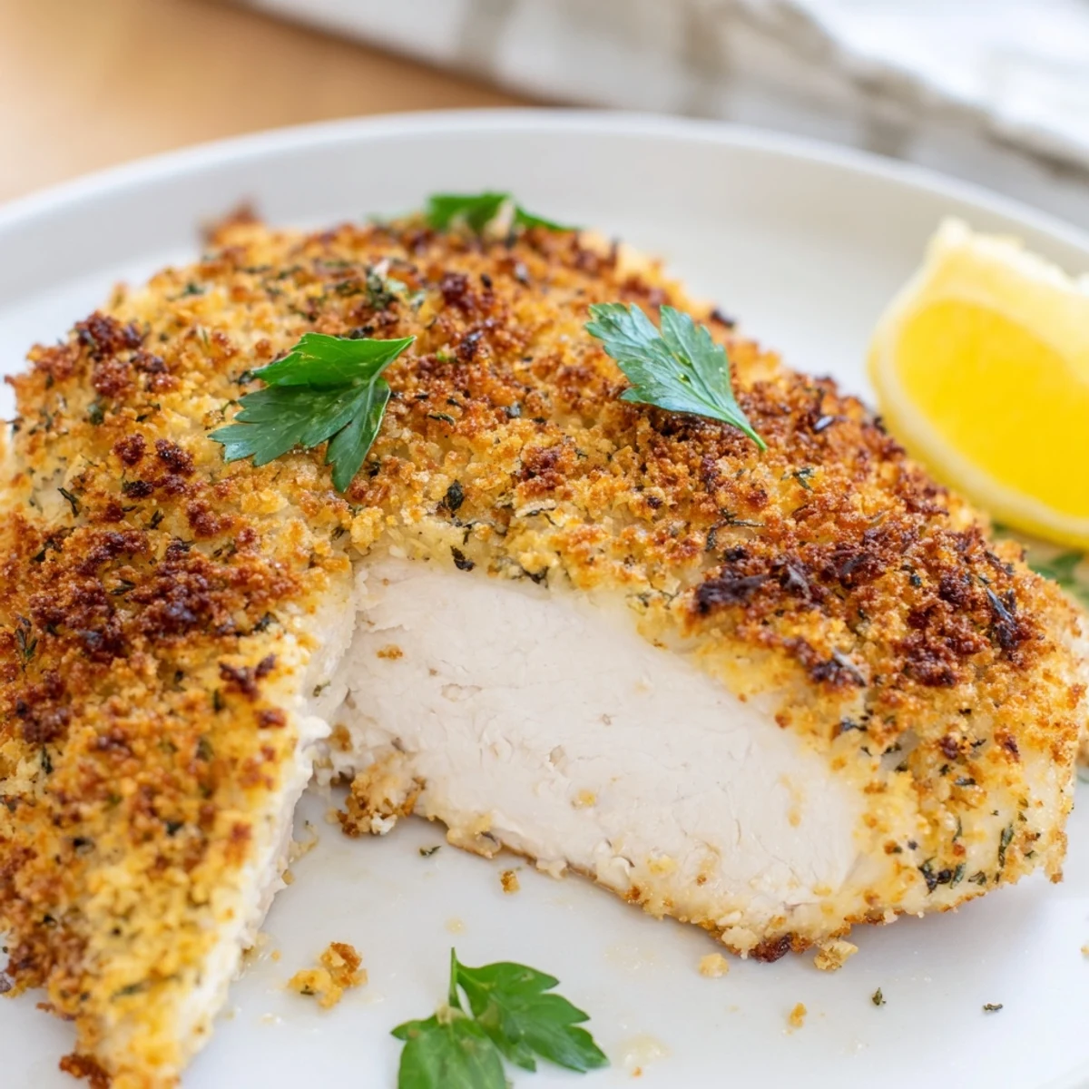 Herbed Parmesan chicken garnished with fresh parsley and lemon wedges on a skillet