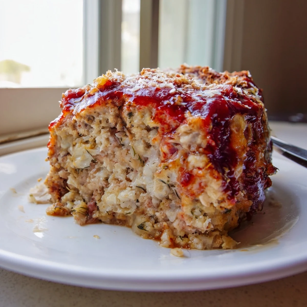 Golden Parmesan chicken meatloaf sliced thick with tangy tomato glaze on top