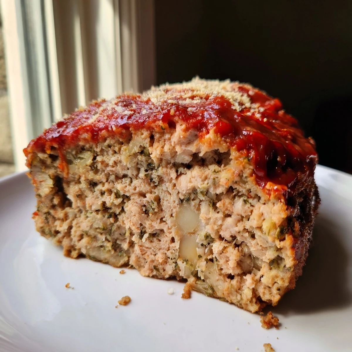 Juicy Parmesan chicken meatloaf fresh from the oven with bubbling cheese crust