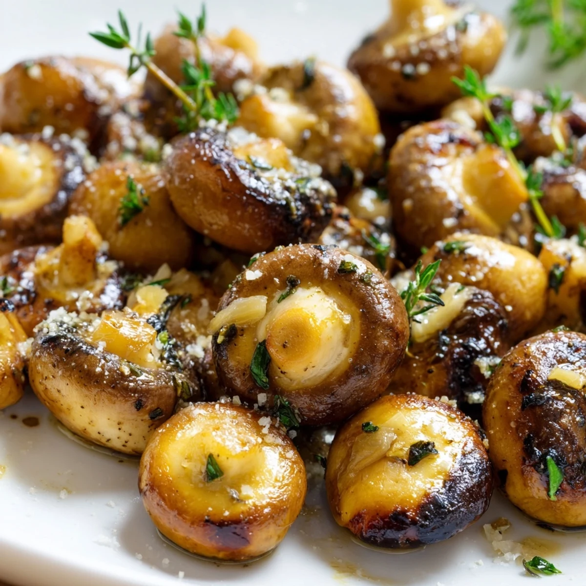 Golden sauteed grilled garlic mushrooms glistening with olive oil and fresh herbs