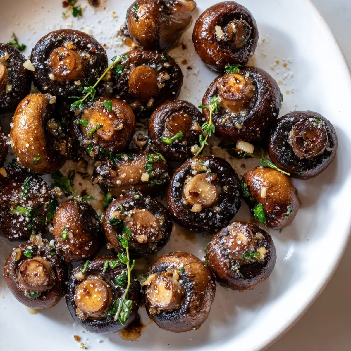 Smoky grilled garlic mushrooms served in a skillet topped with grated Parmesan