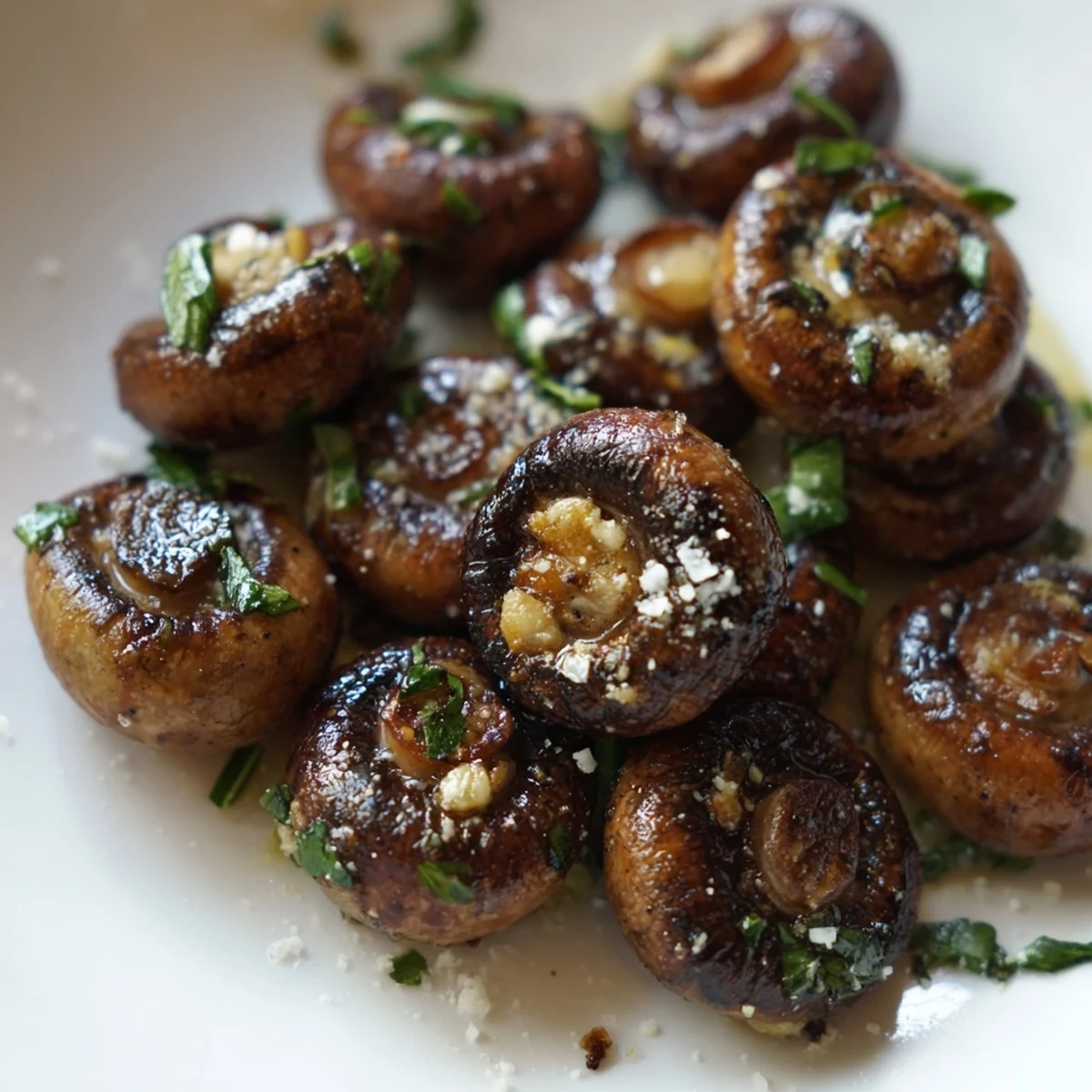 Charred tender mushrooms tossed in garlicky olive oil with thyme and parsley