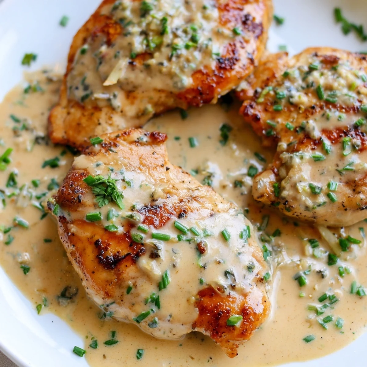 Creamy Boursin sauce with garlic and fine herbs cascades over golden pan-seared chicken breasts.