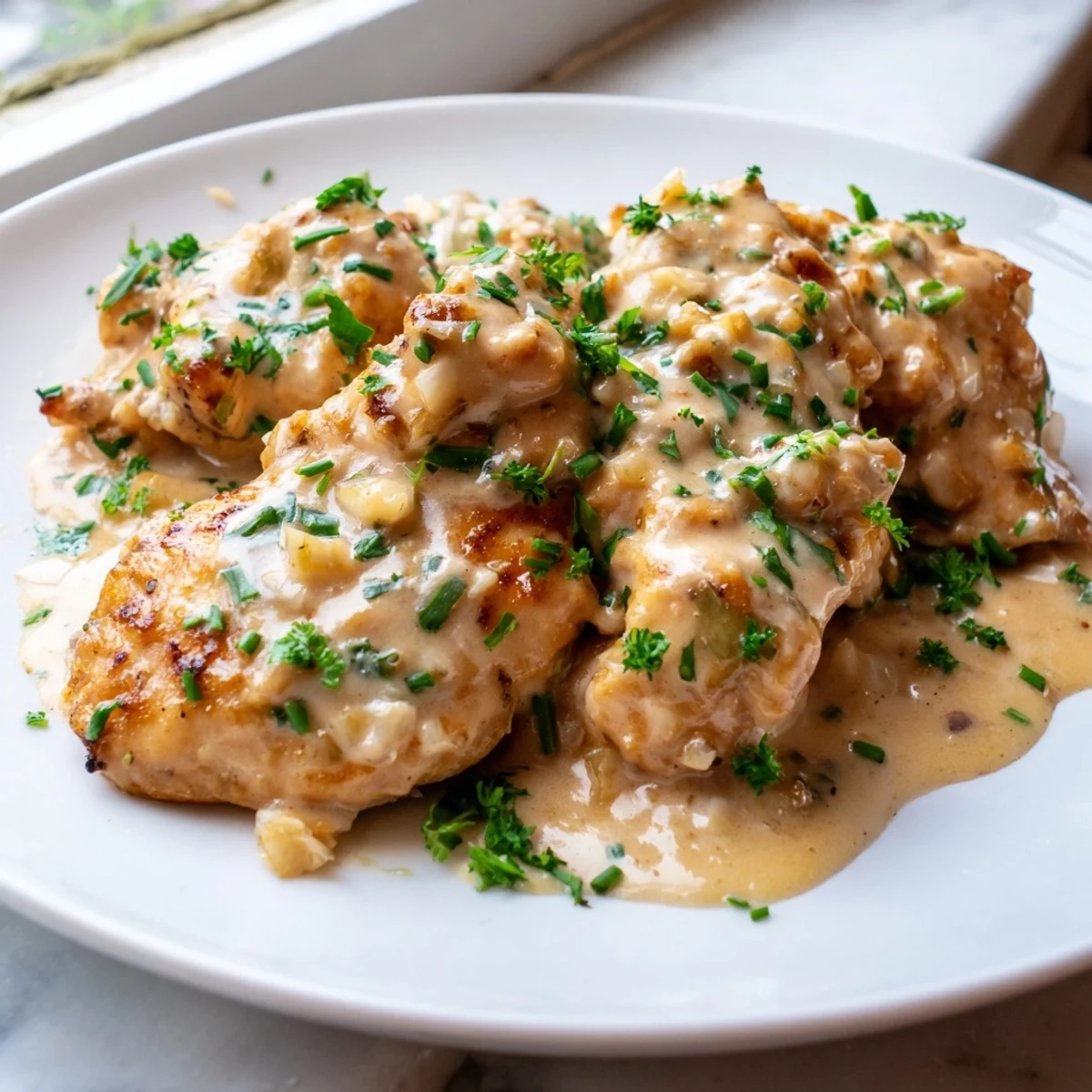 Tender chicken with Boursin sauce enriched with garlic and fine herbs on a white plate.