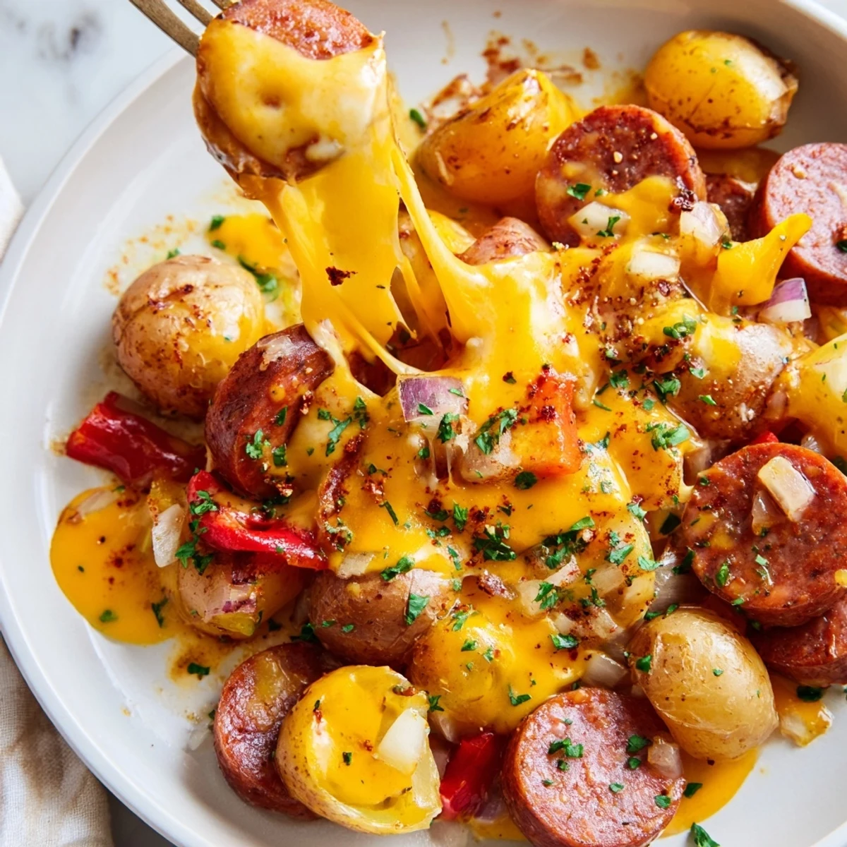 Golden cheesy kielbasa skillet with tender potatoes and melted cheddar in cast iron