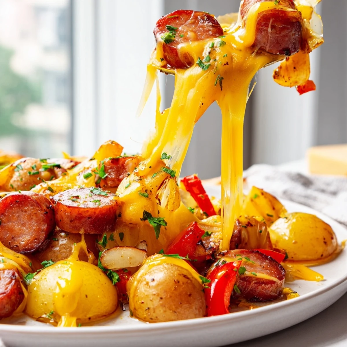 Smoky cheesy kielbasa skillet bubbling with gooey cheddar, crisp peppers, and fork-tender potatoes