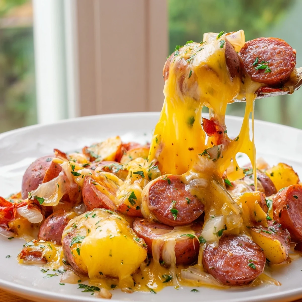 Steaming cheesy kielbasa skillet topped with melted cheddar and fresh parsley, ready to serve