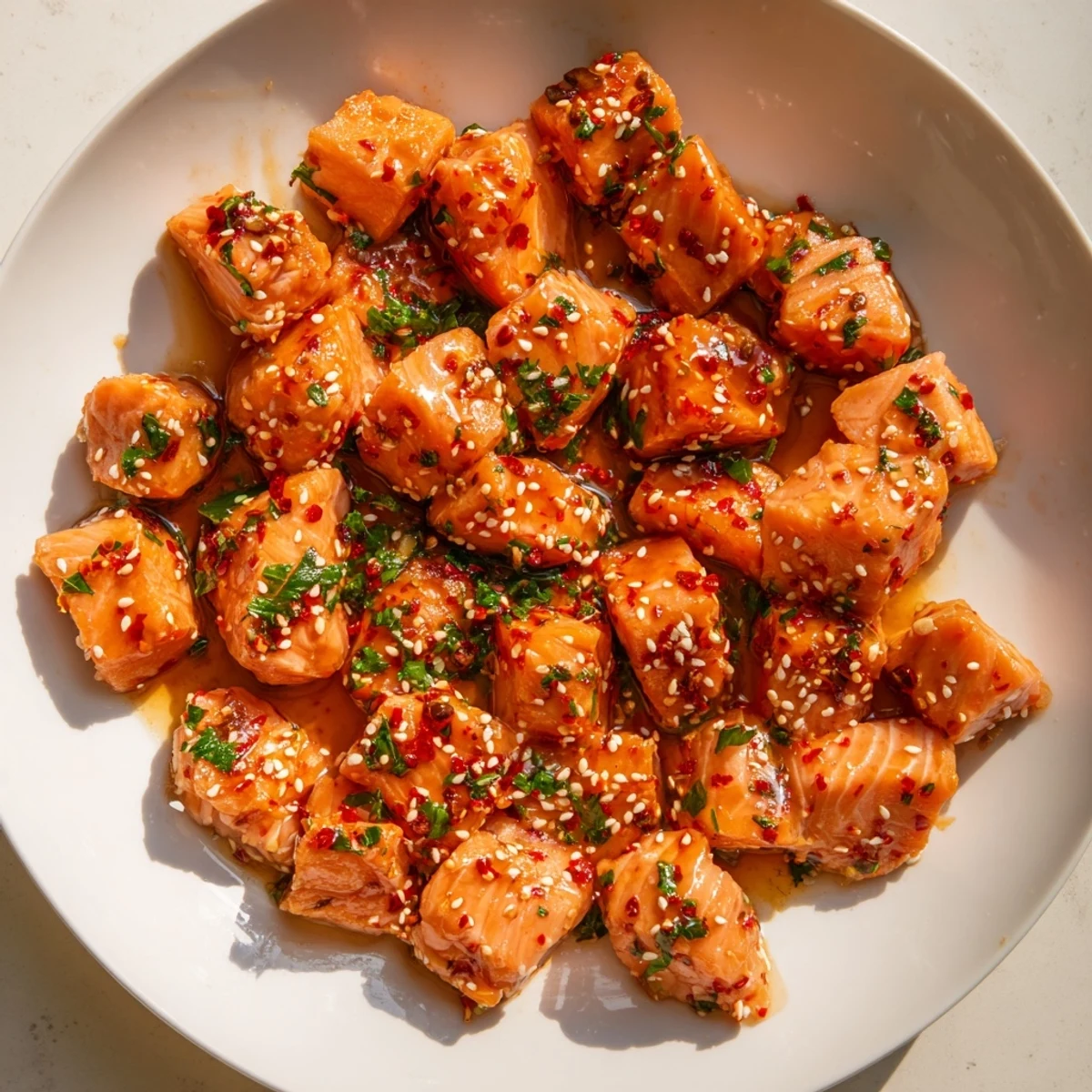 Caramelized hot honey salmon bites glistening with sweet and spicy glaze on a white plate