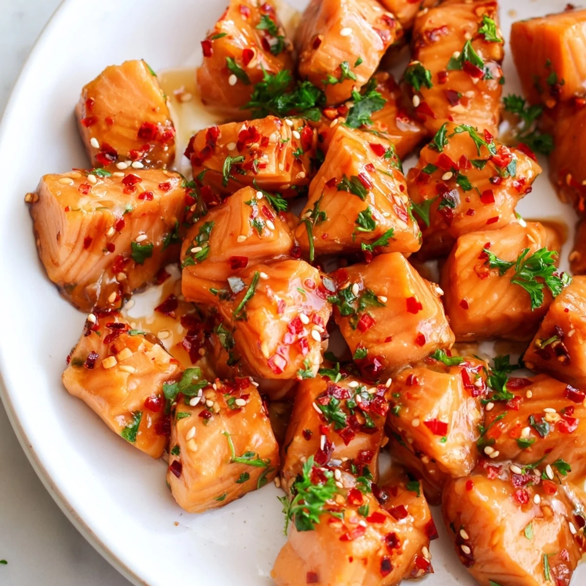 Crispy-edged hot honey salmon bites served with lemon wedges on a rustic wooden board